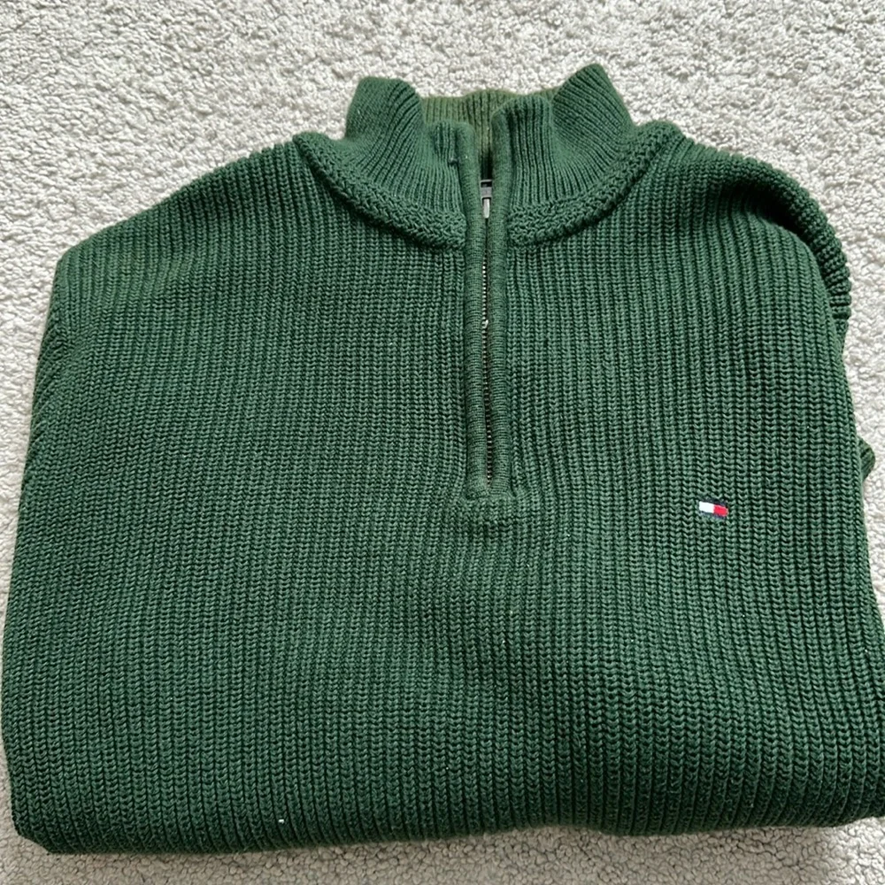 💯 cotton cable knit sweater with 1/4 zipper , green, size medium